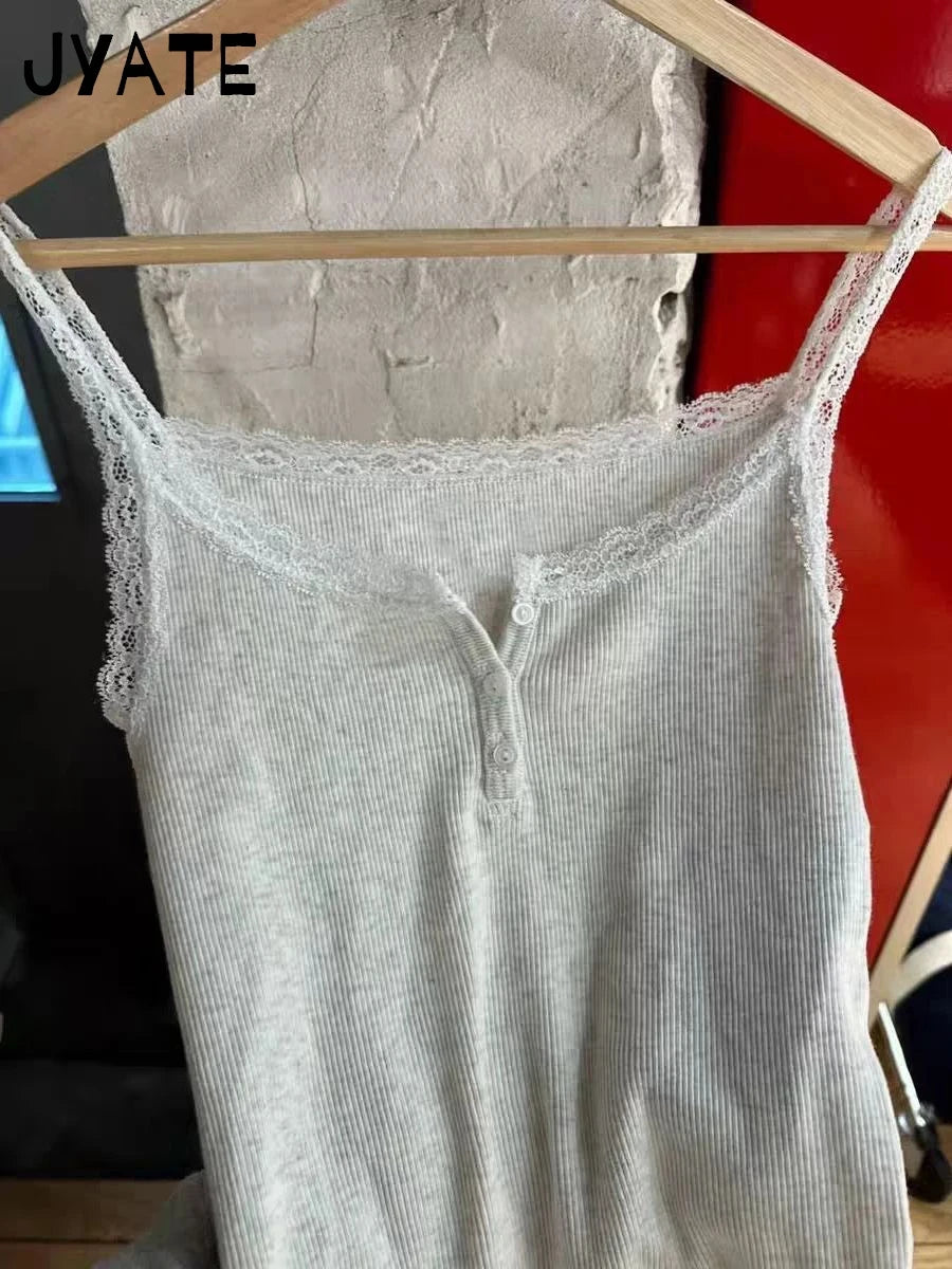 Gray Cotton Ribbed Slim Tank Tops Women Summer Lace Trim Buttons Casual Simple Sleeveless Vests Sweet Girls Cute Basic Camisole