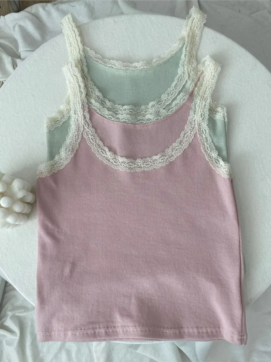 Sweet Lace Trim Cotton Sleeveless Vest Women Summer New Casual Slim U-neck Sexy Tank Tops Cute Vintage Preppy Style Camisole Y2K