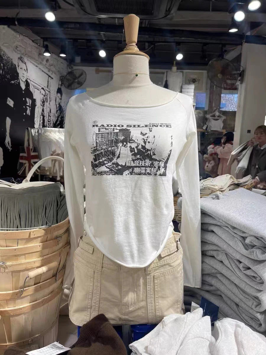 Letter Print SexySlash Neck Long Sleeve Tees Women Cotton Slim Raw Hem Streetwear Casual Tops Vintage Simple Chic Y2K T-shirts
