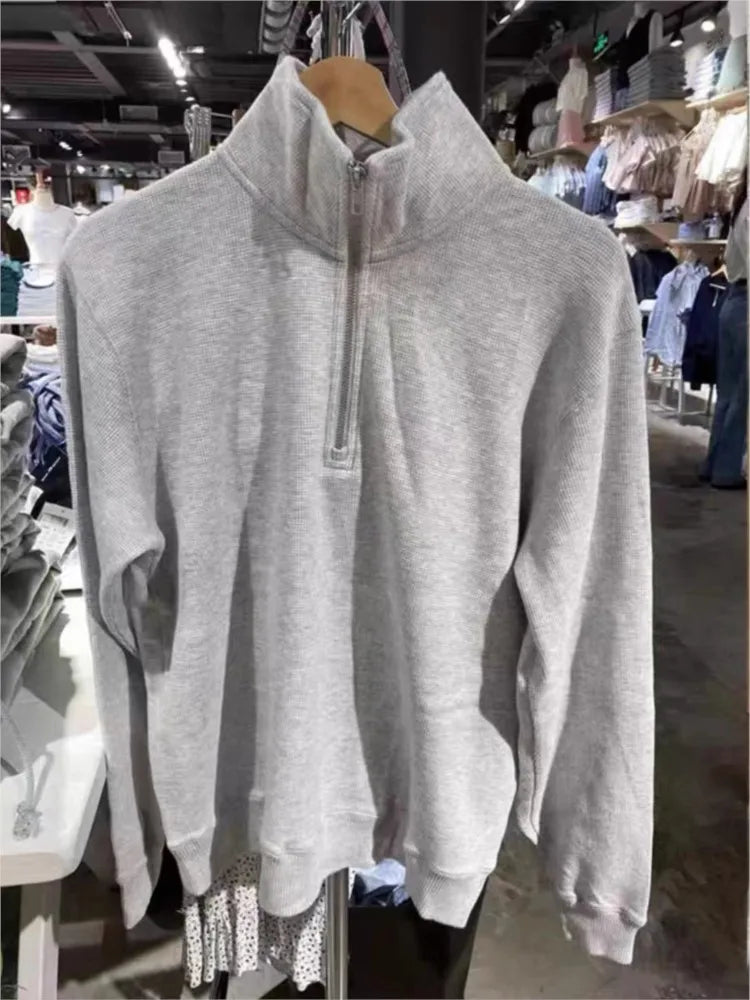 Simple Gray Waffle Half Zip-up Sweatshirts Women Autumn New Casual Cotton Long Sleeve Hoodies Streetwear Sweet Pullover Tops Y2K