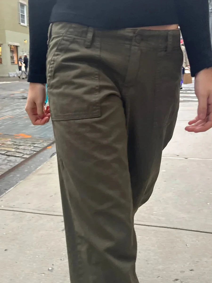 Army Green Retro Pockets Low Waist Straight Pants Women Spring Streetwear Casual Cargo Pant Vintage Harajuku Baggy Y2K Trousers