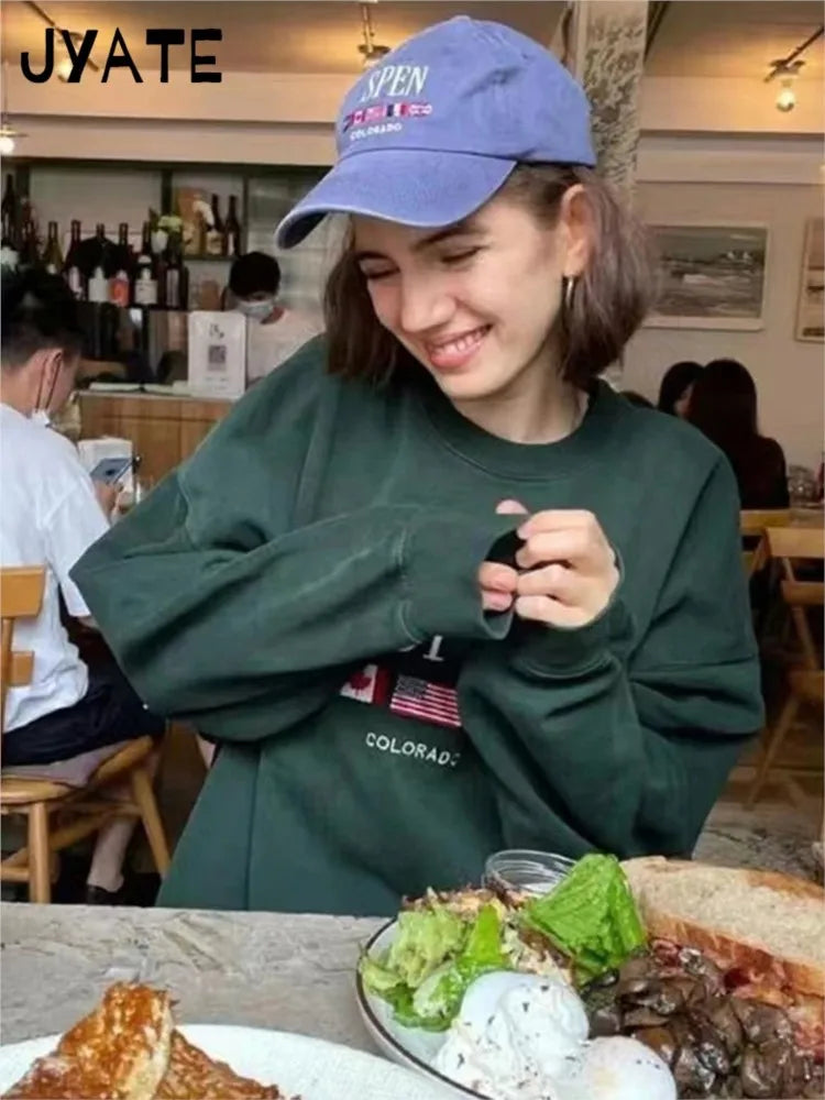 Fashion Letter Flag Embroidery Sweatshirts Women Casual High Quality Cotton O-neck Pullover Tops Vintage Loose Chic Y2K Hoodies