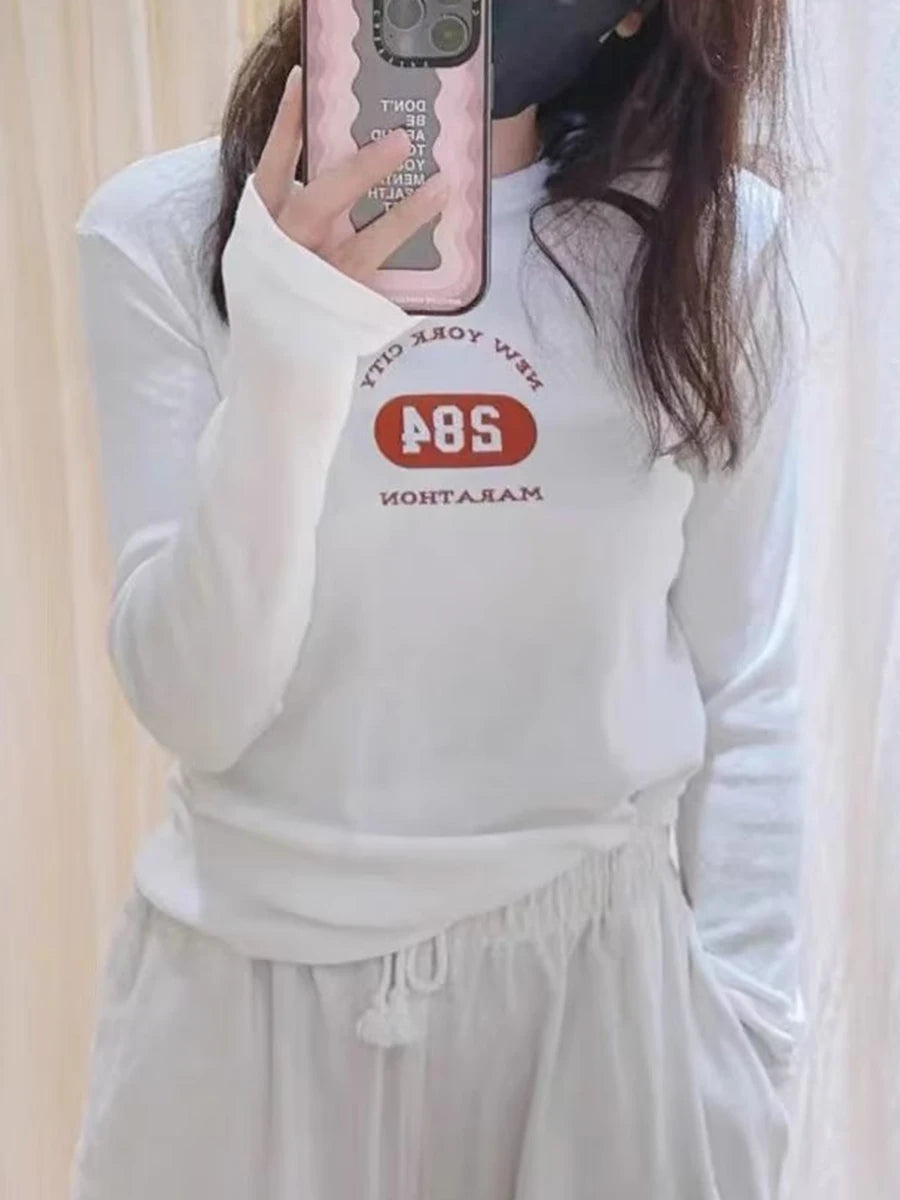 Fashion Letter Print Long Sleeve Tees Women Autumn Cotton Casual Slim Solid Simple T-shirts Streetwear Vintage American Y2K Tops