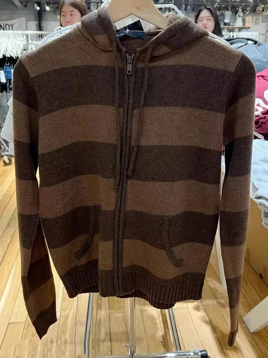 Striped Pockets Knitted Hooded Sweater Women Autumn Fashion Cotton Retro Crop Pullover Tops Vintage Chic Sweet Cardigan Jumper