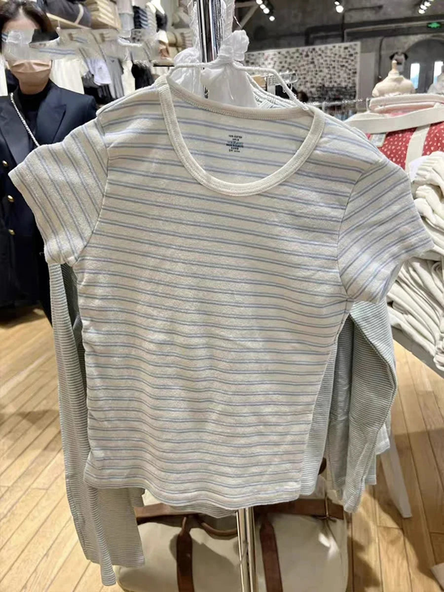 Rose Striped Slim T-shirt Women Casual Chic O-Neck Cotton Short Sleeve Tee Shirts Female Sweet Cute Preppy Style Y2K Tshirts New