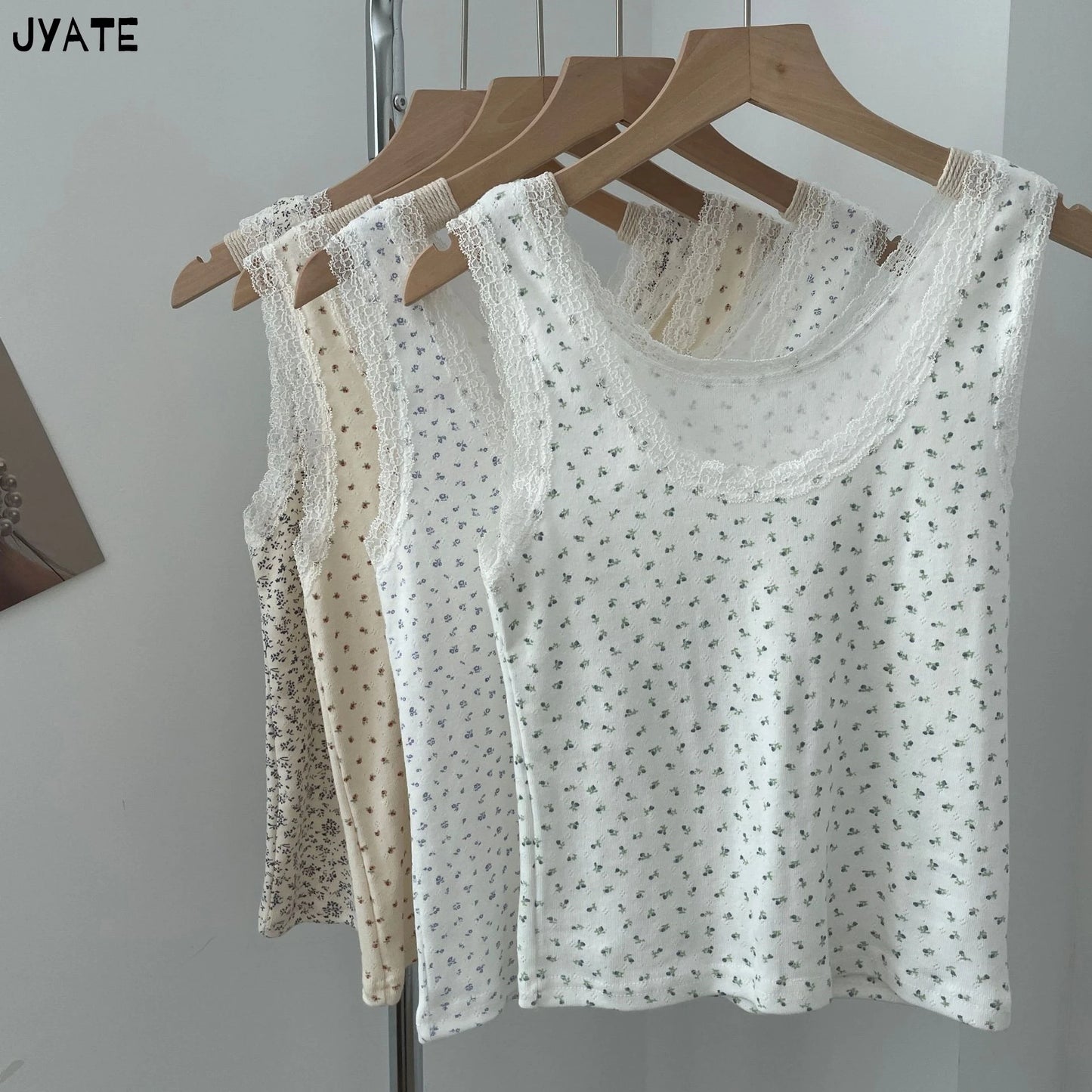 Lace Trim Floral Print Tank Tops Women Summer Cotton Casual Simple U-neck Sleeveless Slim Vests Vintage Sweet Cute Crop Top Y2K