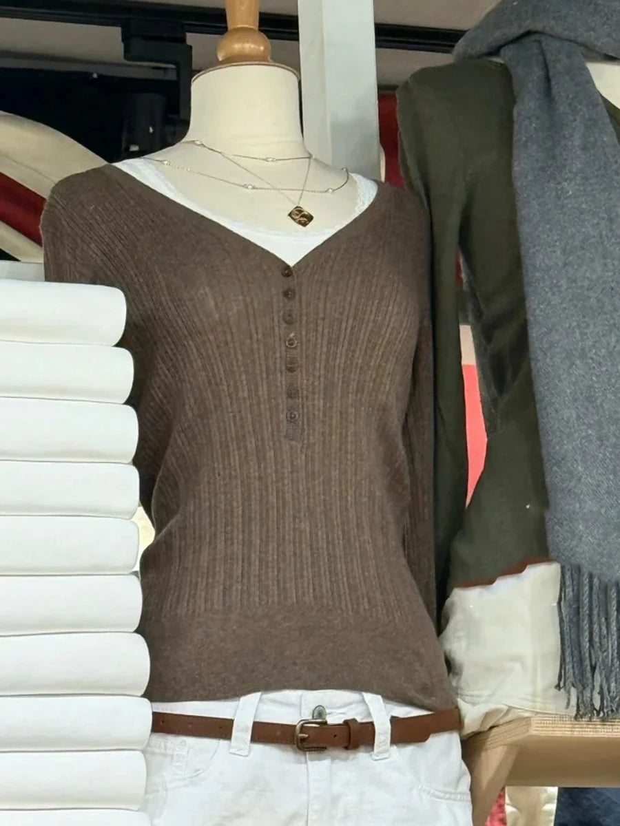 Gray Simple Knit Slim Long Sleeve T-shirt Women Autumn New O-neck Button Cotton Tees Sweet Cute Preppy Style T Shirt Y2K Top