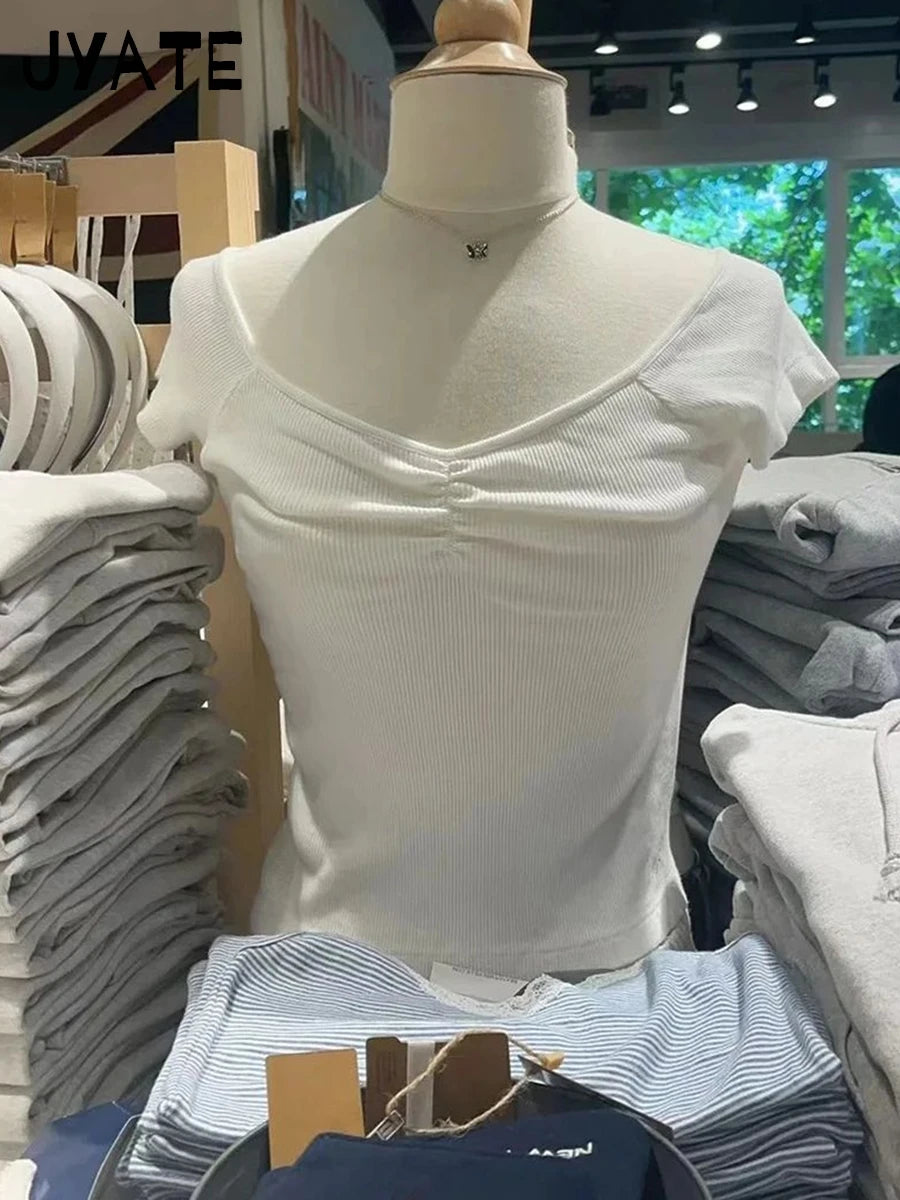 Simple Ribbed Cotton White Folds V-neck T-shirts Women Summer Casual Slim Short Sleeve Cropped Tee Sweet Basic Chic Tops Clothes