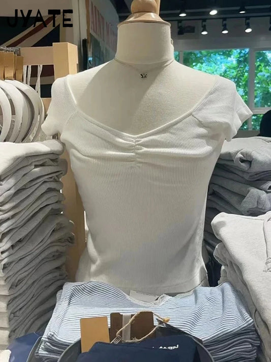 Simple Ribbed Cotton White Folds V-neck T-shirts Women Summer Casual Slim Short Sleeve Cropped Tee Sweet Basic Chic Tops Clothes