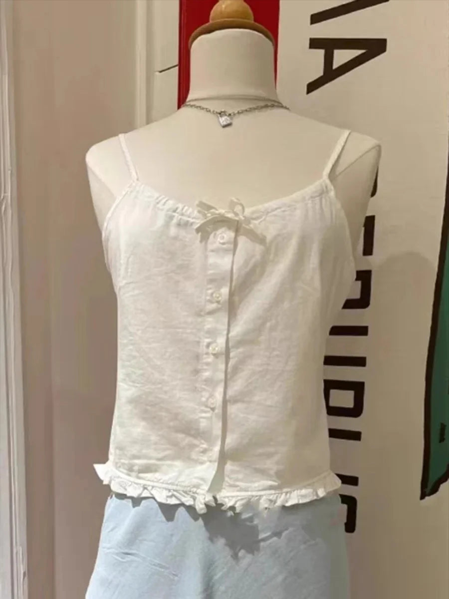Blue Hollow Out Strappy Tank Tops Women Summer New Cotton Slim Ruffles Buttons Cropped Vests Y2K Sweet Cute Streetwear Camisole
