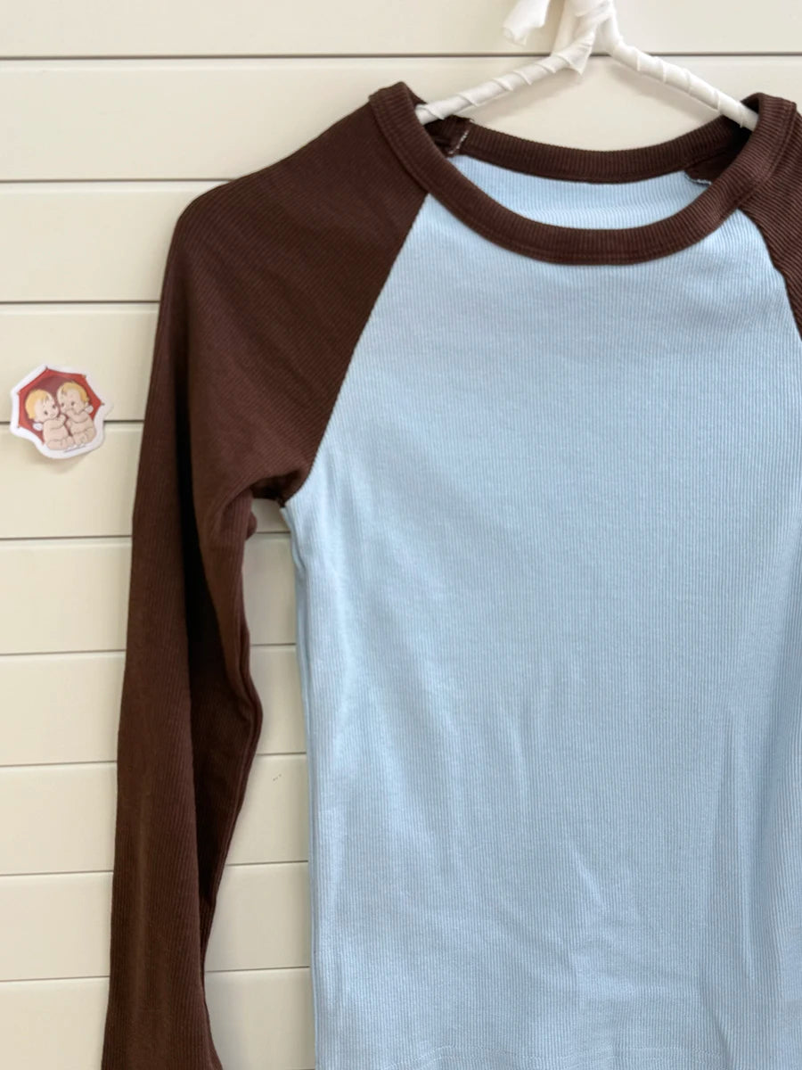 Retro Patchwork Ribbed T-shirt Women Autumn Casual Cotton Round Neck Long Sleeve Tee Shirt Vintage Preppy Style Y2K T Shirt Tops