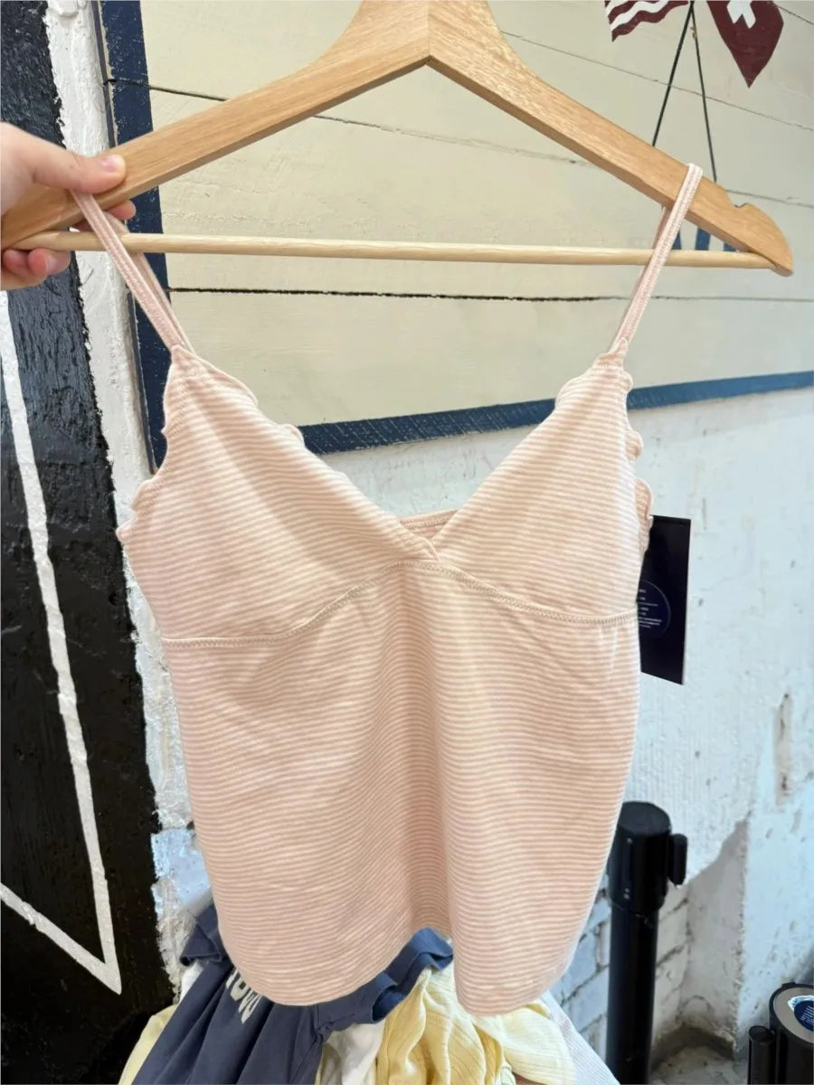 Pink Striped Fungus Tank Shorts Pajama Sets Women New V-neck Slim Camisole+eyelet Sweatshorts Sweet Cotton Home 2 Piece Outfit