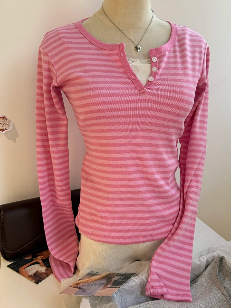 Brown Striped Long Sleeve Zelly Tops Women Casual Chic Cotton Buttons T-shirt Vintage Simple Preppy Style Slim Tshirt Y2K Tees
