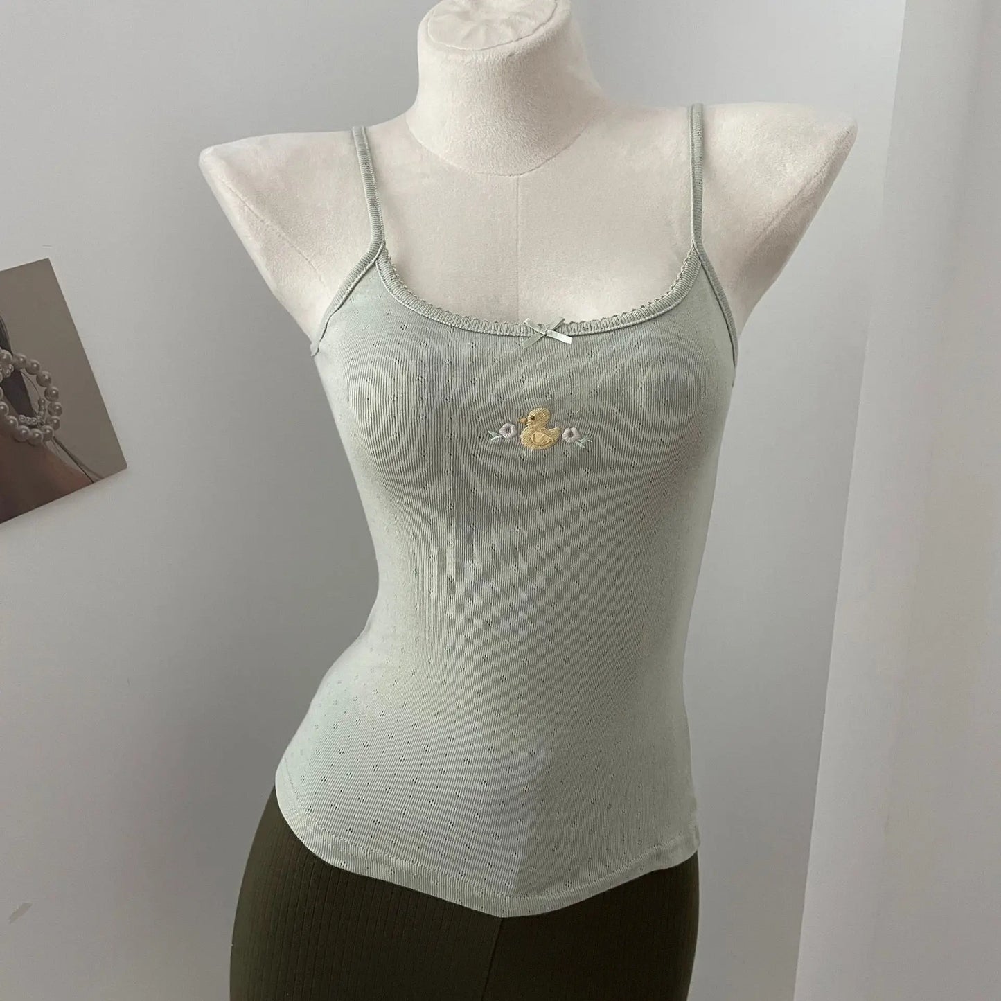 Cute Little Duck Embroidery Tank Tops Women Summer New Casual Slim Bow Sleeveless Vests Sweet Preppy Style Camisole Y2K Clothes