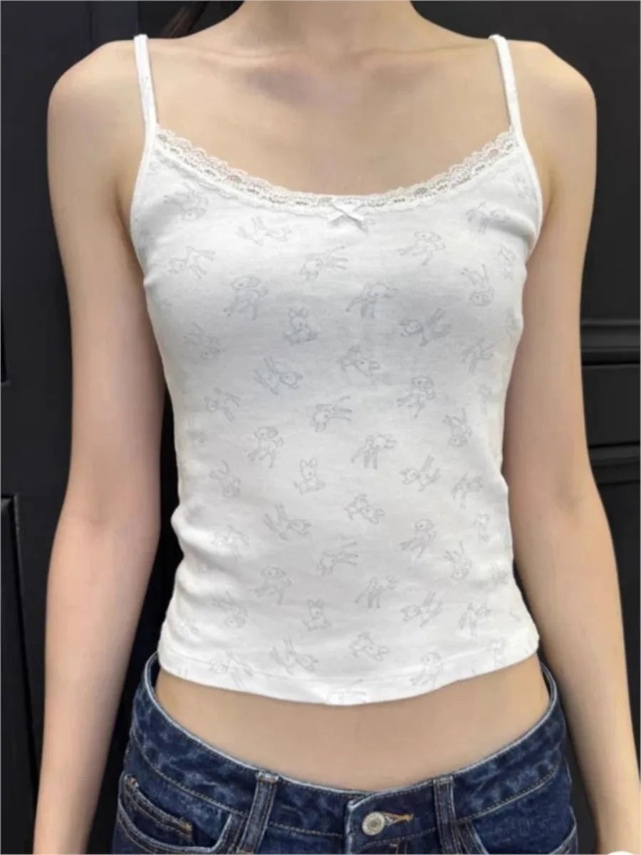 Little Deer Lace Trim Tank Tops Women Summer New Casual Preppy Style Slim Bow Sleeveless Vests Sweet Cute Vintage Camisole Y2K