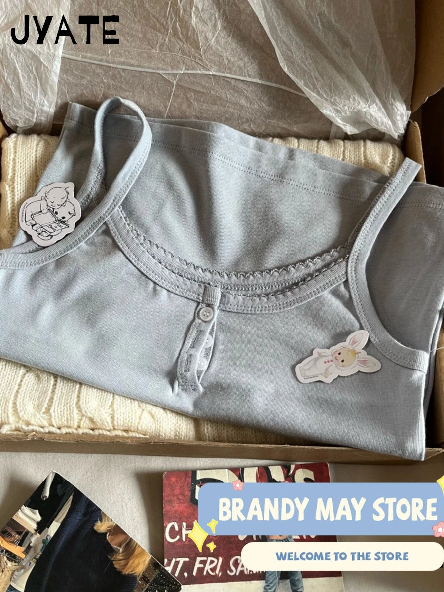 Blue Buttons U-neck Sleeveless Vests Women Summer Cotton Soft Slim Streetwear Casual Tank Tops Femme Sweet Cute Basic Camisole