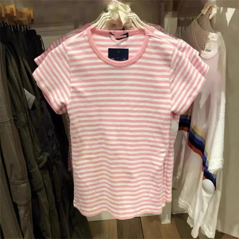 Sweet Little Pink Striped T-shirts Women New Cotton O-neck Casual Slim Buttons Short Sleeve Tees Cute Basic Girls Tshirt Y2K Top