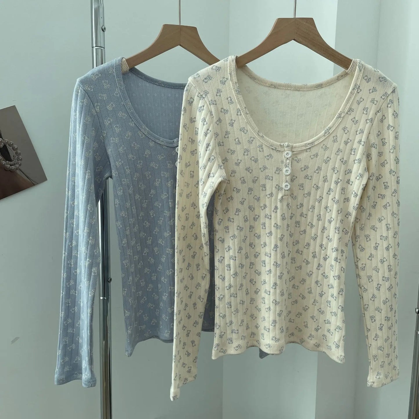 Cute Bear Print Buttons Long Sleeve Tees Women Autumn New Casual Slim Preppy Style Top Shirts Sweet Vintage Pajama T-shirts Y2K