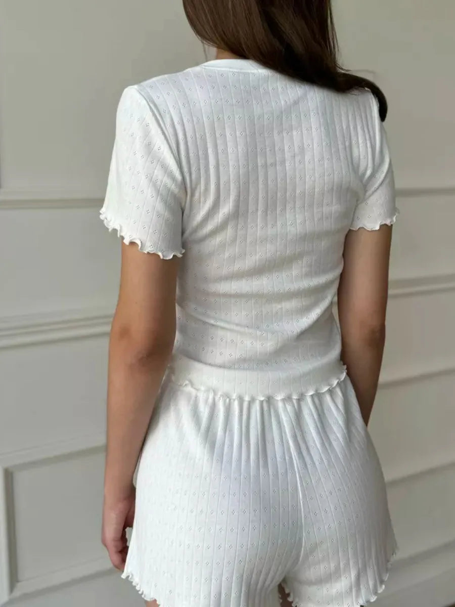 White Sweet Eyelet Short Sleeve T-shirt Shorts Set Women Casual Home Pajama 2 Piece Sets Slim Tees+Elastic Straight Sweatshort