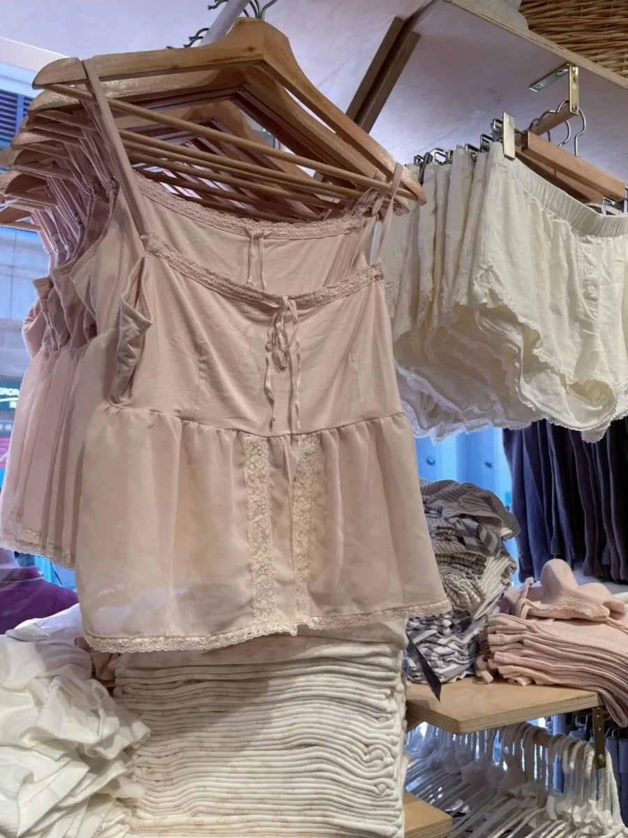 Pink Square Neck Halter Strap Camisole Women Summer Cotton Lace Trim See-through Sleeveless Vests Sweet Vintage Chic Tank Tops