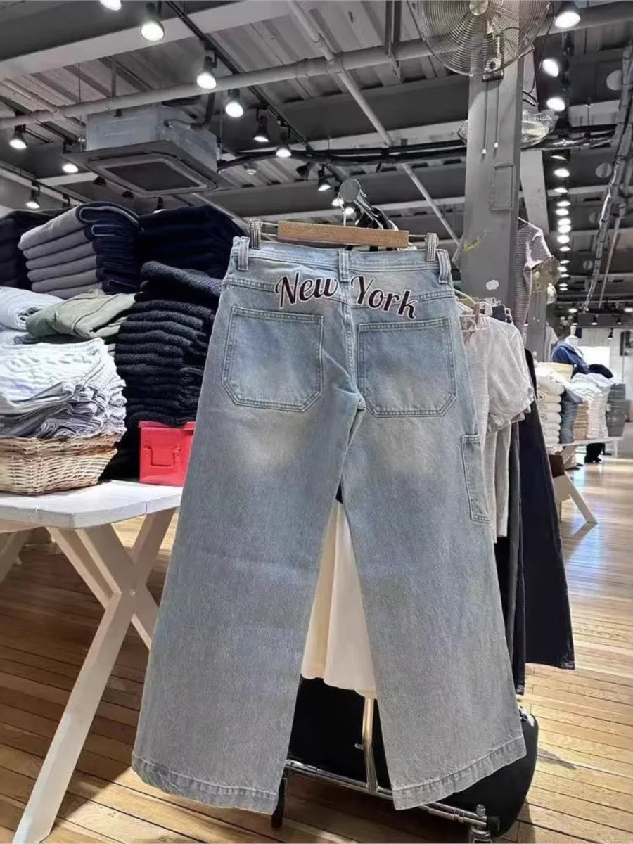 Vintage Back Letter Print Jeans Women Summer High Waist Pockets Straight Baggy Trousers Streetwear Loose Retro Y2K Denim Pants