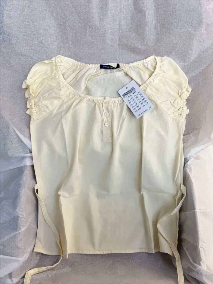 Yellow  Lace-up Ruffles Sleeve Tees Women Summer Simple Casual Flax Cotton U-neck Buttons Tops Sweet Cute Preppy Style T-shirts