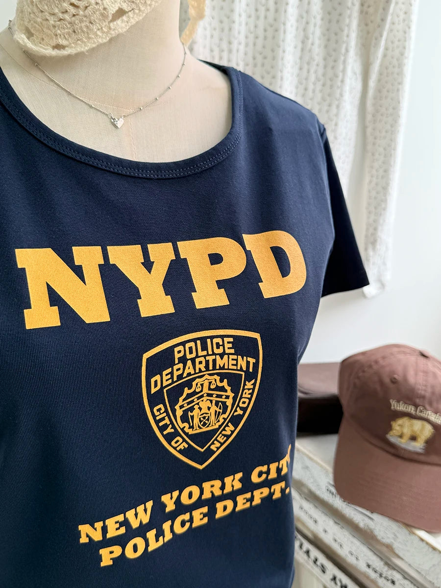 NYPD Print O-neck T-shirts Women Summer Casual Streetwear Cotton Slim Short Sleeve Tees Female Vintage Chic Preppy Style Tshirts