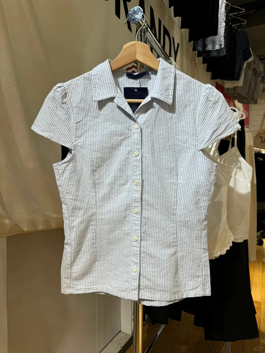 Blue Striped Button Blouse Women Summer New Streetwear Casual Lapel Short Sleeve Tees Sweet Cute Preppy Style T-shirts Y2K Tops