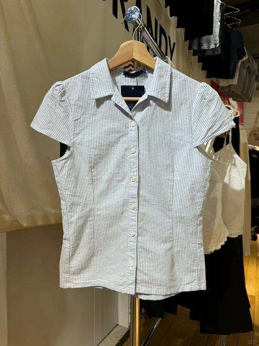 Blue Striped Button Blouse Women Summer New Streetwear Casual Lapel Short Sleeve Tees Sweet Cute Preppy Style T-shirts Y2K Tops