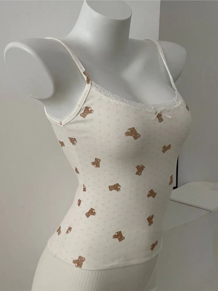Sweet Floral Lace Trim Eyelet Tank Tops Women New Summer Cotton Bow Slim Preppy Style Cropped Vests Cute Preppy Style Chic Camis