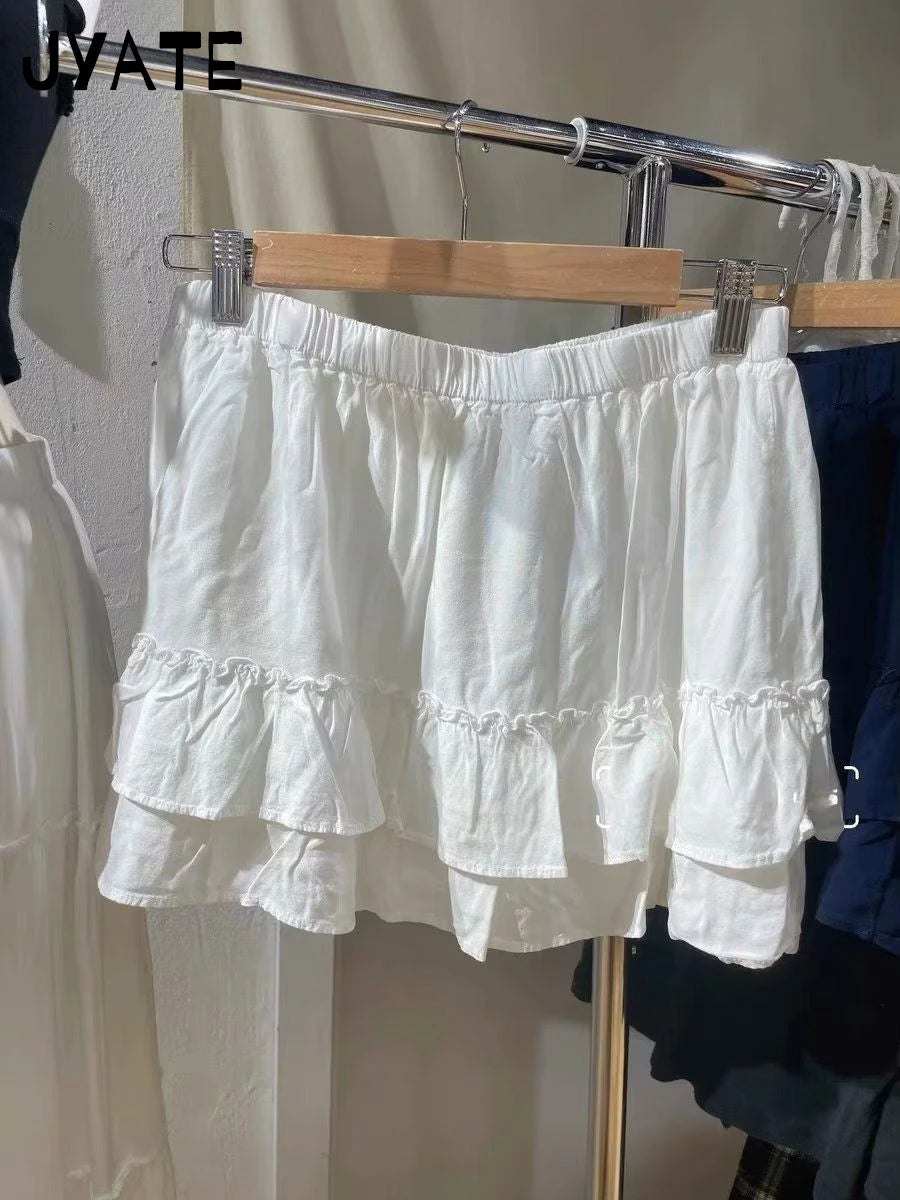 Sweet Pink Ruffles A-line Skirts Women Summer New Cotton Elastic High Waist Short Faldas Preppy Style Cute Casual Mini Skirt Y2K