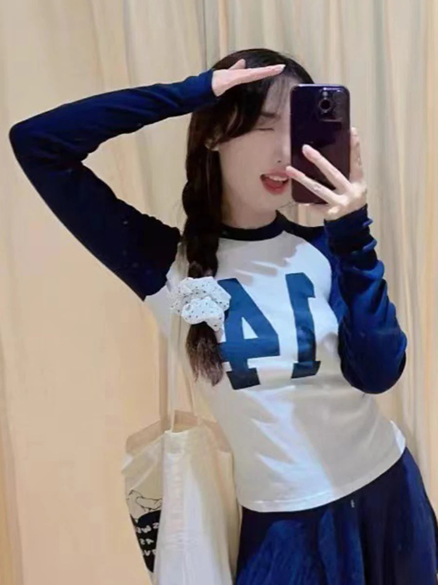 Vintage Patchwork 14 Print Slim Long Sleeve Tee Women Casual O-neck Ribbed Cotton Street Simple Tops Sweet Harajuku T-shirts Y2K