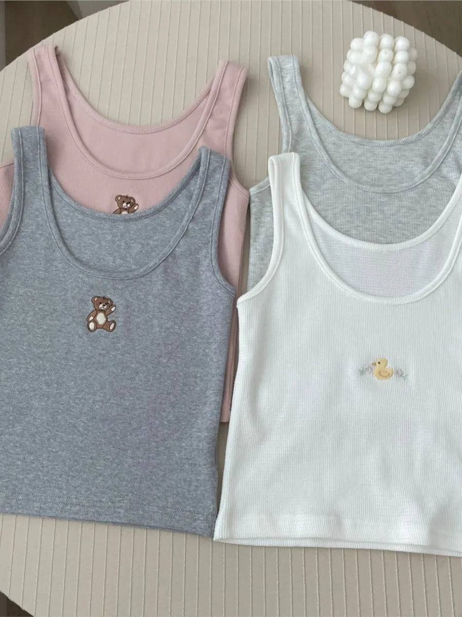 Cute Little Duck Embroidery Tank Tops Women Summer New Cotton Casual U-neck Sleeveless Vests Simple Basic Sweet Camisole Y2K Top