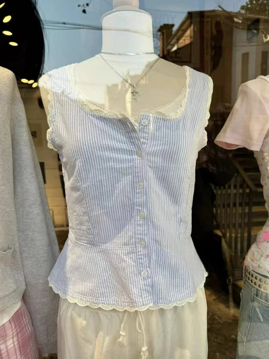 Blue Striped Lace Trim Tank Top Women Summer Streetwear Scoop neck Cotton Slim Buttons Vests Vintage Cute Sweet Crop Tops Y2K