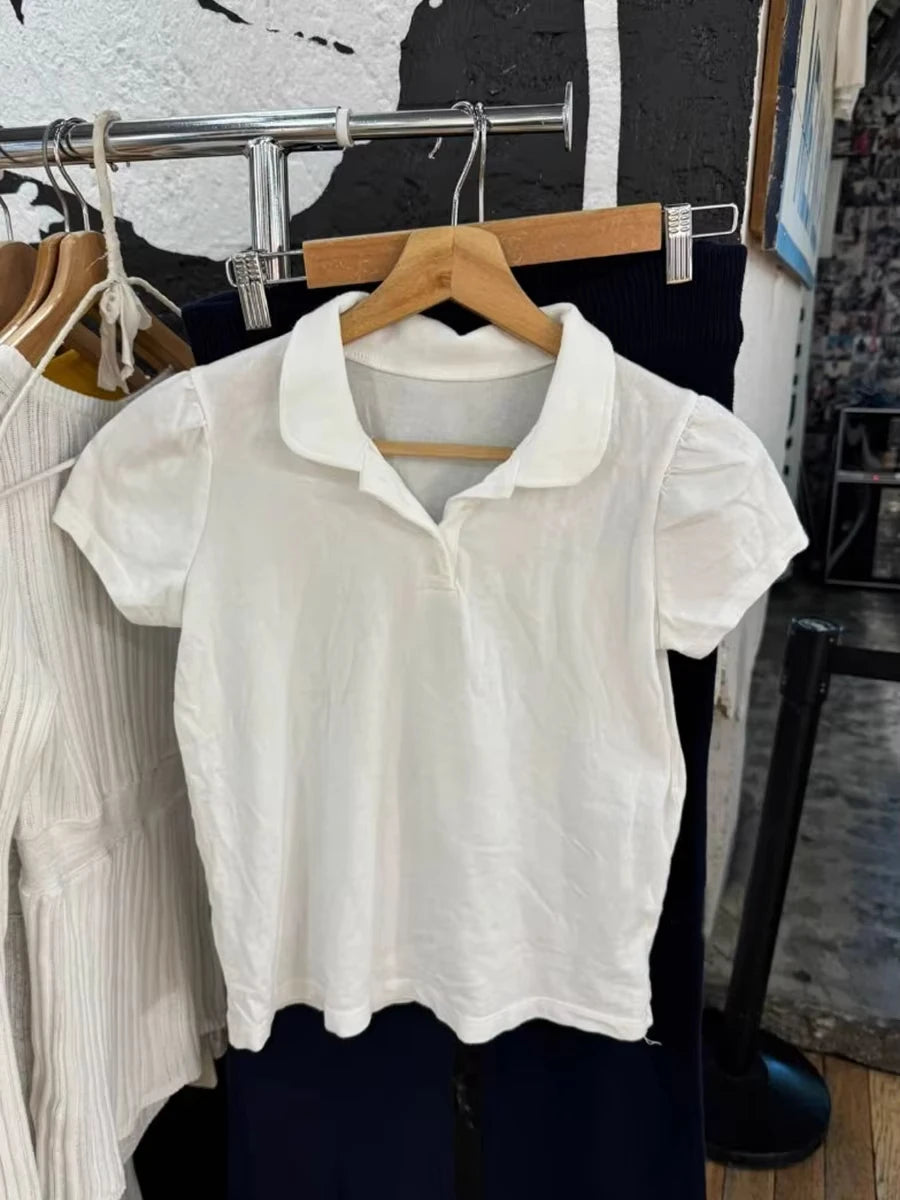 Cute White Polo T-shirt Women Summer New Strweetwear Cotton Turn Down Collar Short Sleeve Tees Sweet Preppy Style T Shirt Spring