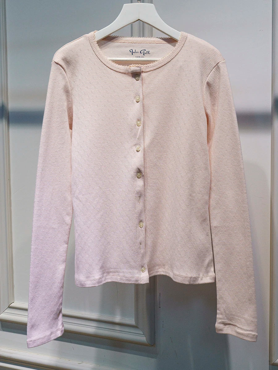 Eyelet Slim Single Breasted T-shirt Women Autumn Preppy Style O-neck Cotton Long Sleeve Tee Shirts Cute Vintage Sweet Tops Y2K