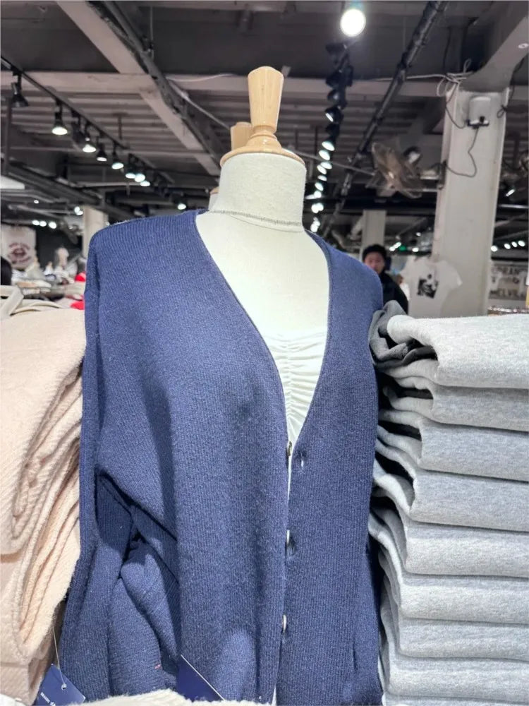 Solid Simple V-neck Buttons Cardigan Women Autumn Cotton Warm Knitted Basic Casual Jumper Tops Vintage Chic Sweet Y2K Sweater