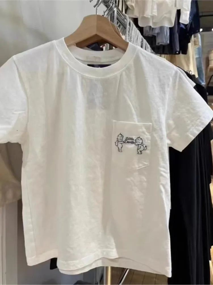 Angel Embroidery Pocket T-shirts Women Summer Casual Streetwear Cotton O-neck Short Sleeve Tees Sweet Cute Preppy Style Tshirts