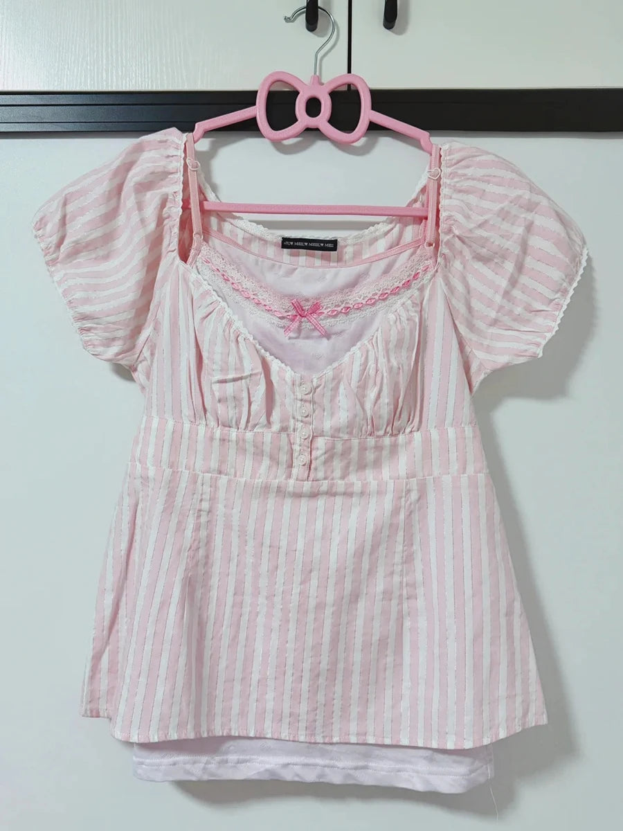 Pink Tshirt Pant Sets Women Summer Casual Lace Trim T-shirts+Fungus Short Pants Sweet Cute 2 Piece Outfits Clothes