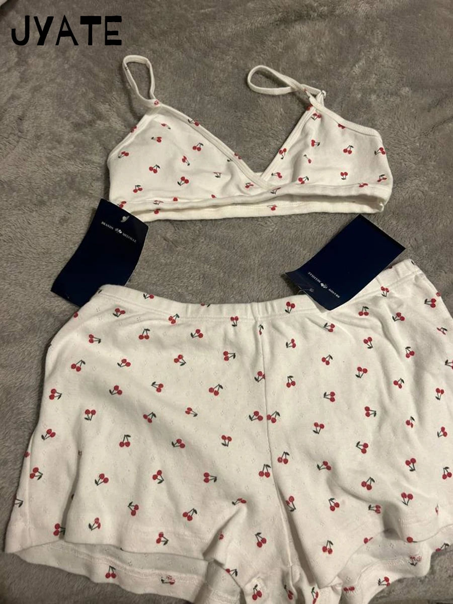 Cherry Print Eyelet Straight Home Underwear Women New Cotton Soft Elastic Waist Pajama Short Pants Sweet Cute Preppy Shorts Y2K
