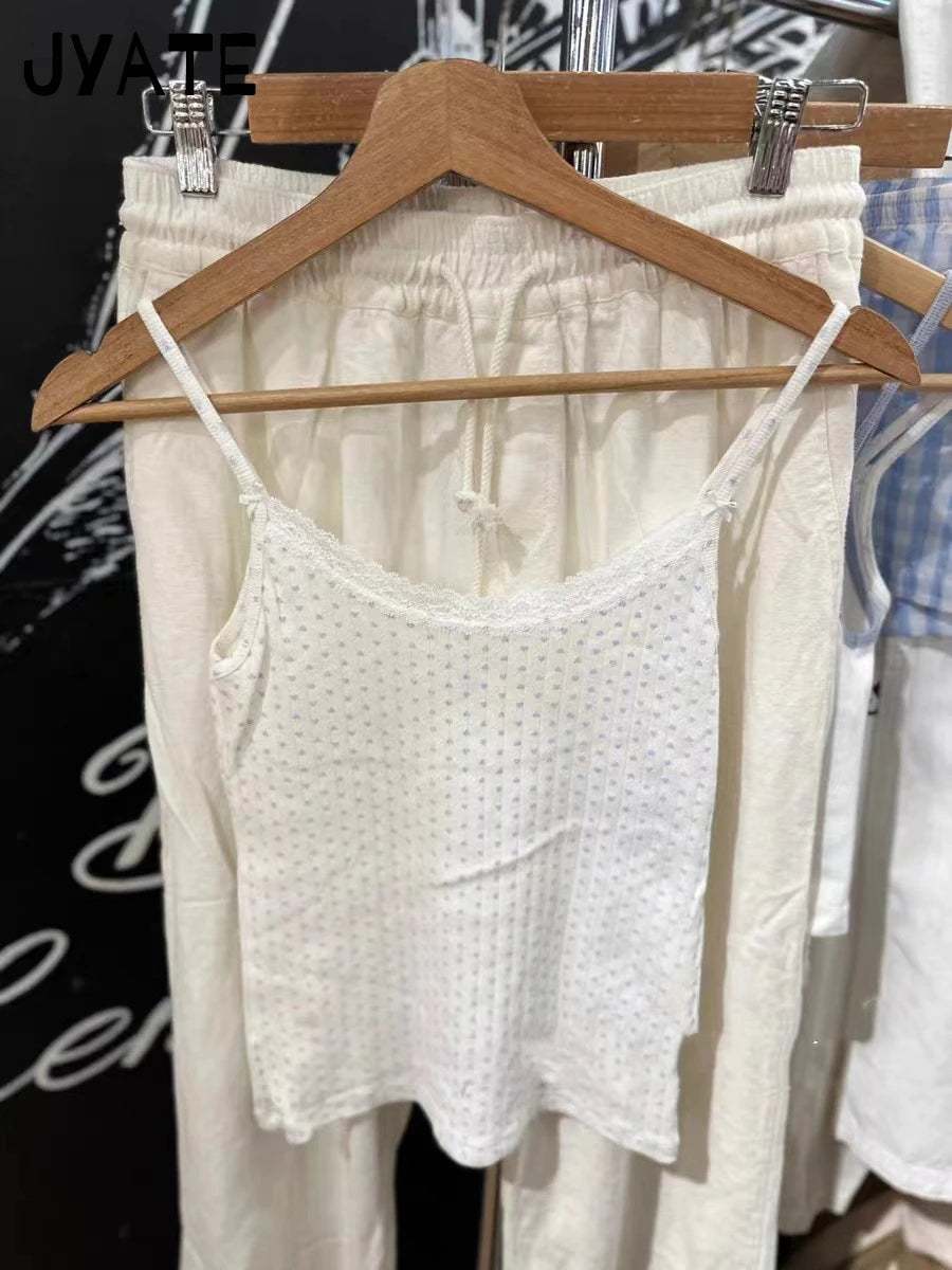 Sweet Blue Heart Print Eyelet Tank Tops Women Summer Bow Lace Trim Cotton Slim Sleeveless Cropped Vests Cute VIntage Chic Camis