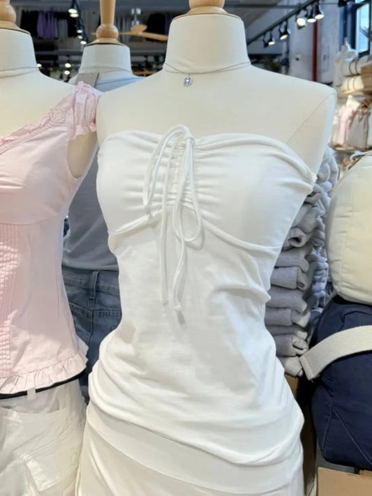Cute White Drawstring Folds Strapless Tank Top Women Summer Cotton Slim All-match Camis Female Sweet Preppy Style Vest Y2K Tops