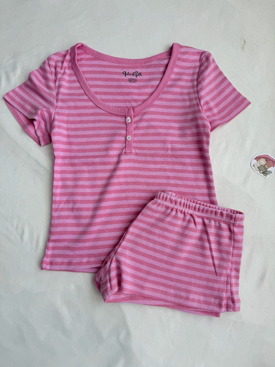 Pink Striped Buttons Long Sleeve T-shirt Shorts Set Women Cotton Home Pajama 2 Piece Sets Slim Tees+Elastic Straight Sweatshort