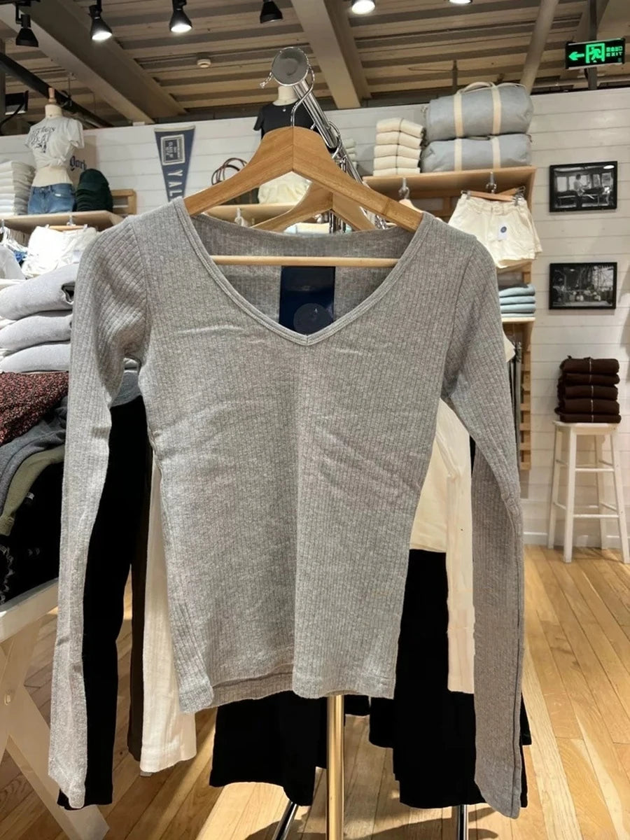 Sweet Solid V-neck Basic Long Sleeve Tees Women New Cotton Soft Simple Casual SlimTops All-match Simple T-shirts Spring