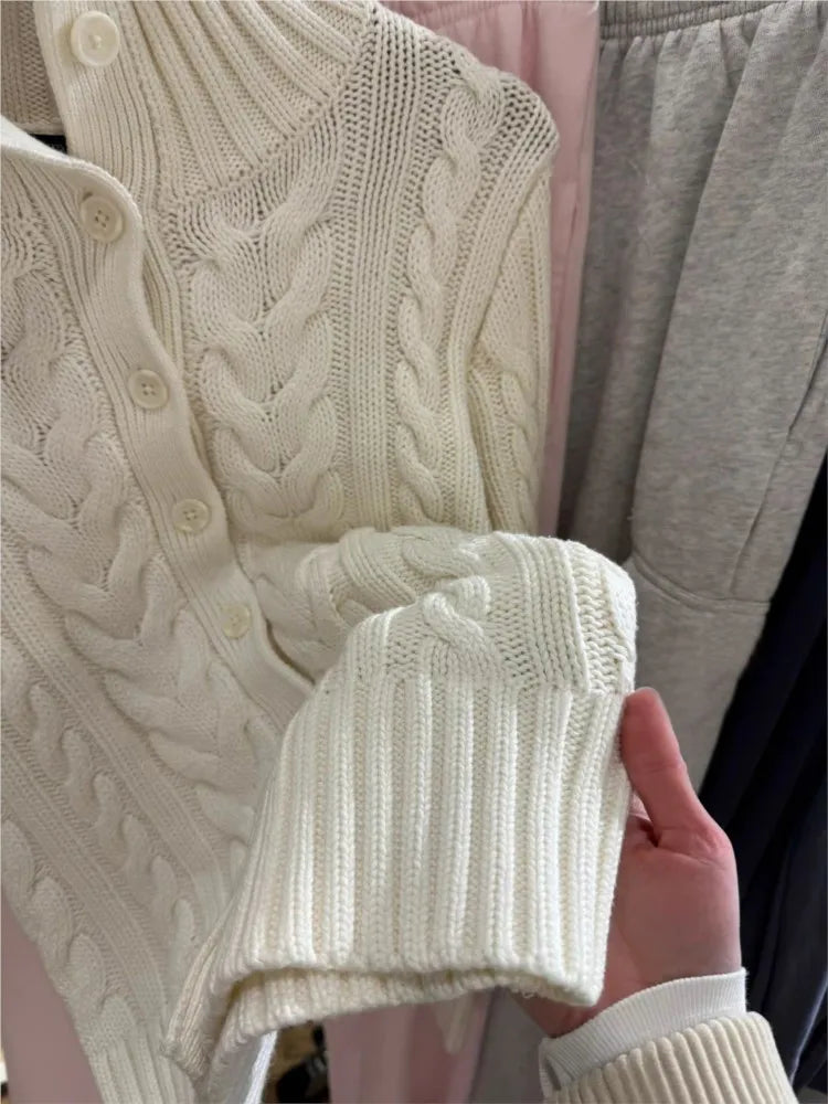 Twisted Flower White Sweater Cardigan Spring Stand Collar Single Breasted Long Sleeve Sweaters Casual Preppy Style Woman's Coat