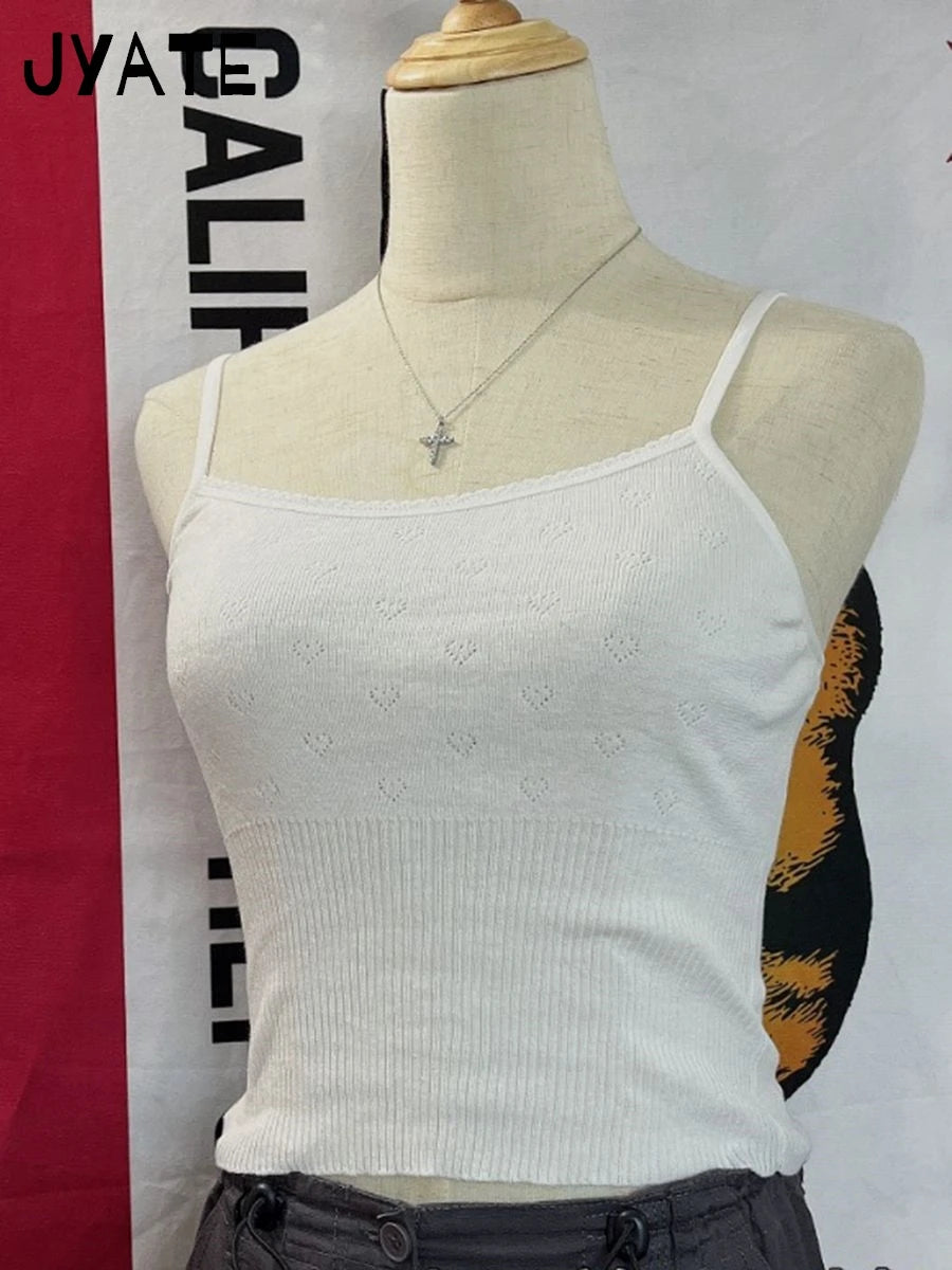 Heart Hollow Out Knitted Camisole Women Summer New Slim Casual Cotton Soft Sleeveless Vest Sweet Simple Basic Cute Tank Tops Y2K