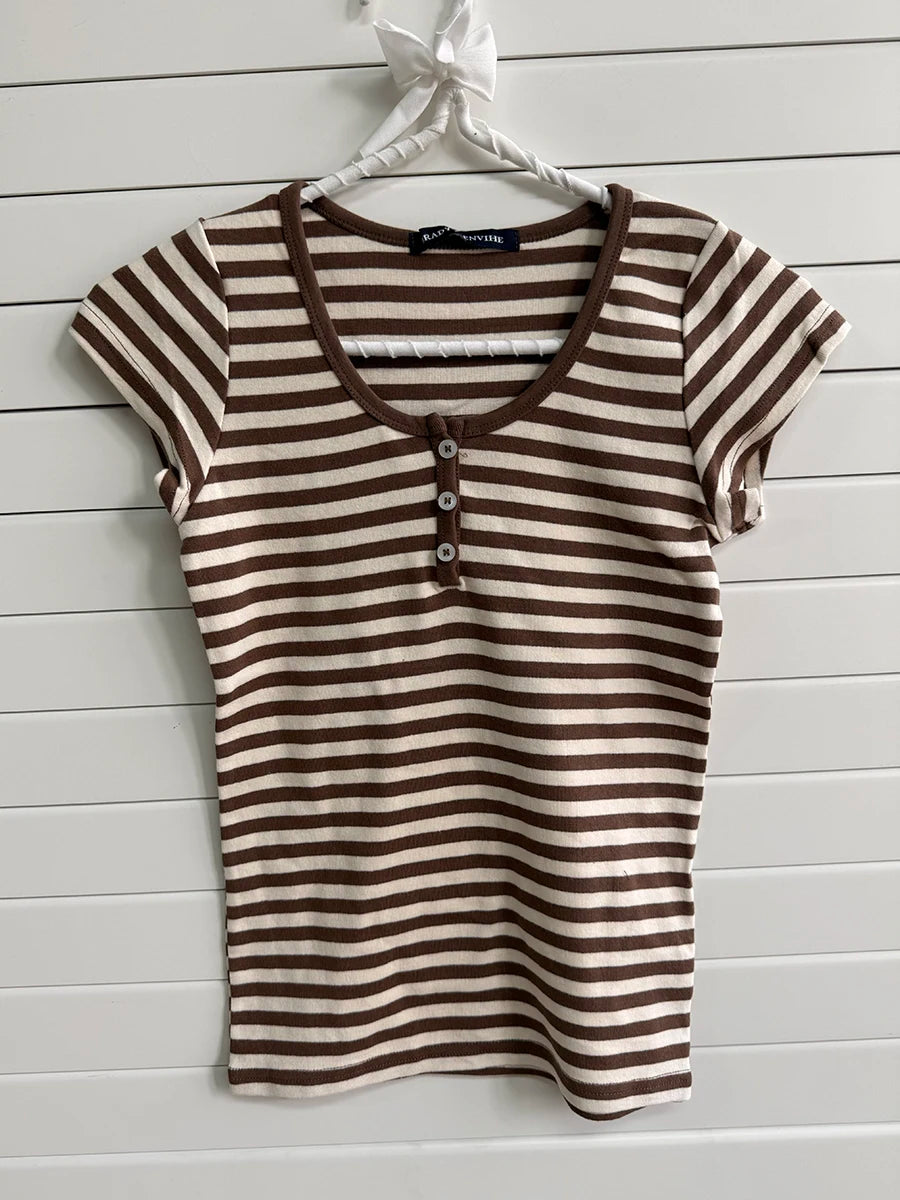 Brown Striped T-shirts Women Spring Casual Preppy Style Cotton Buttons Slim Crop Tops Sweet Cute Vintage tshirt Y2K