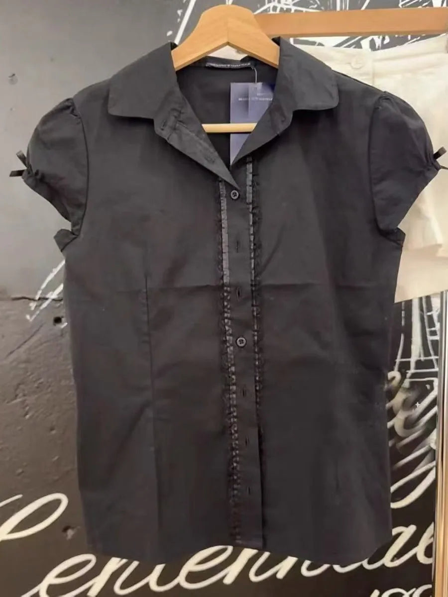 Black Lace Trim Buttons Blouse Tees Women Summer New Sweet Harajuku Bow Short Sleeve Tops Vintage Preppy Style Chic T-shirts Y2K