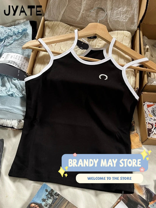 Fashion Moon Embroidery Tank Tops Women New Patchwork Black Slim Preppy Style Sleeveless Vest Harajuku Vintage Chic Camisole Y2K