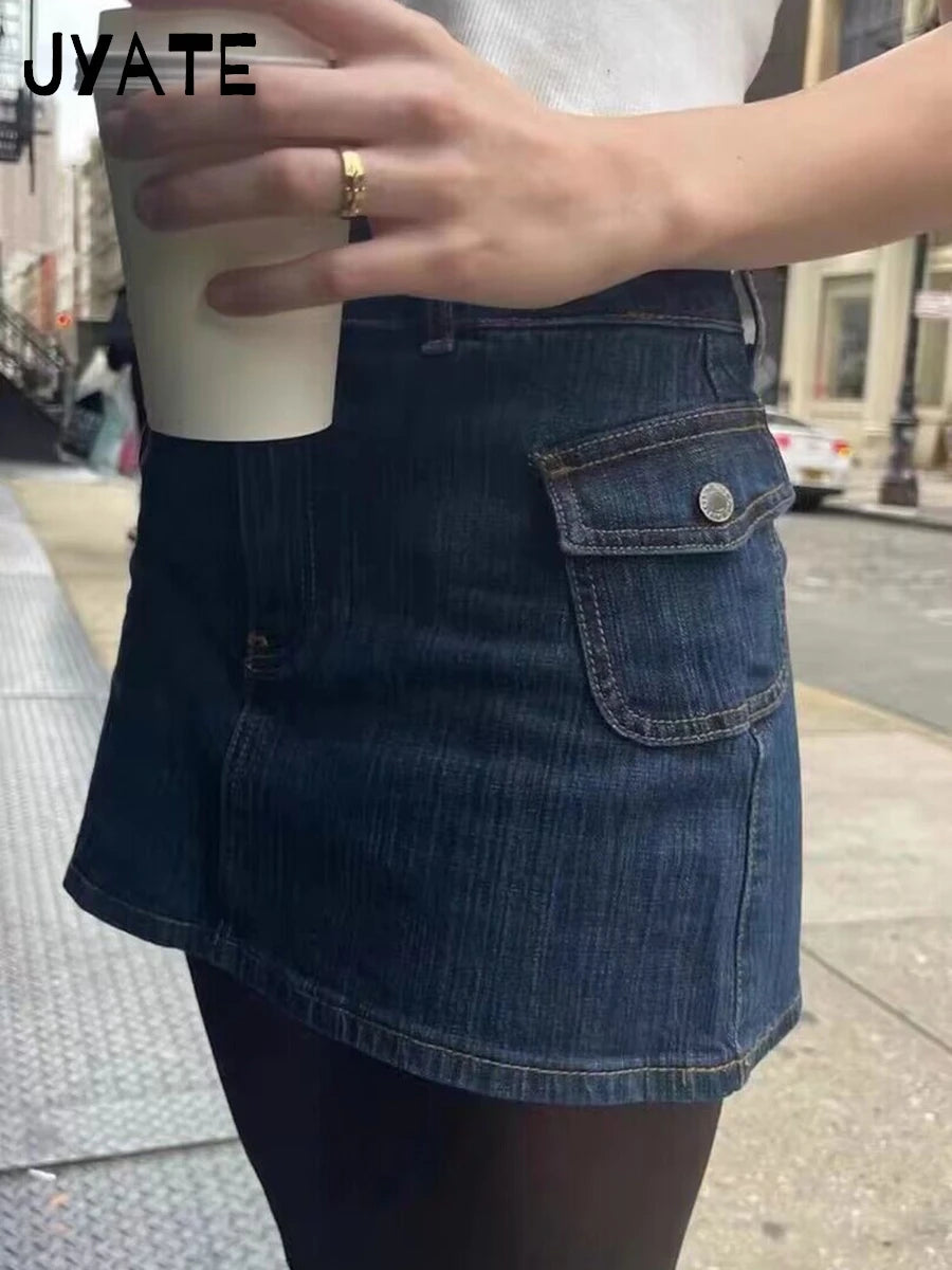 Vintage Solid Pocket Mini Cargo Skirts Women Summer Casual High Waist Denim Slim Skirt Female Streetwear Harajuku Chic Falda Y2K